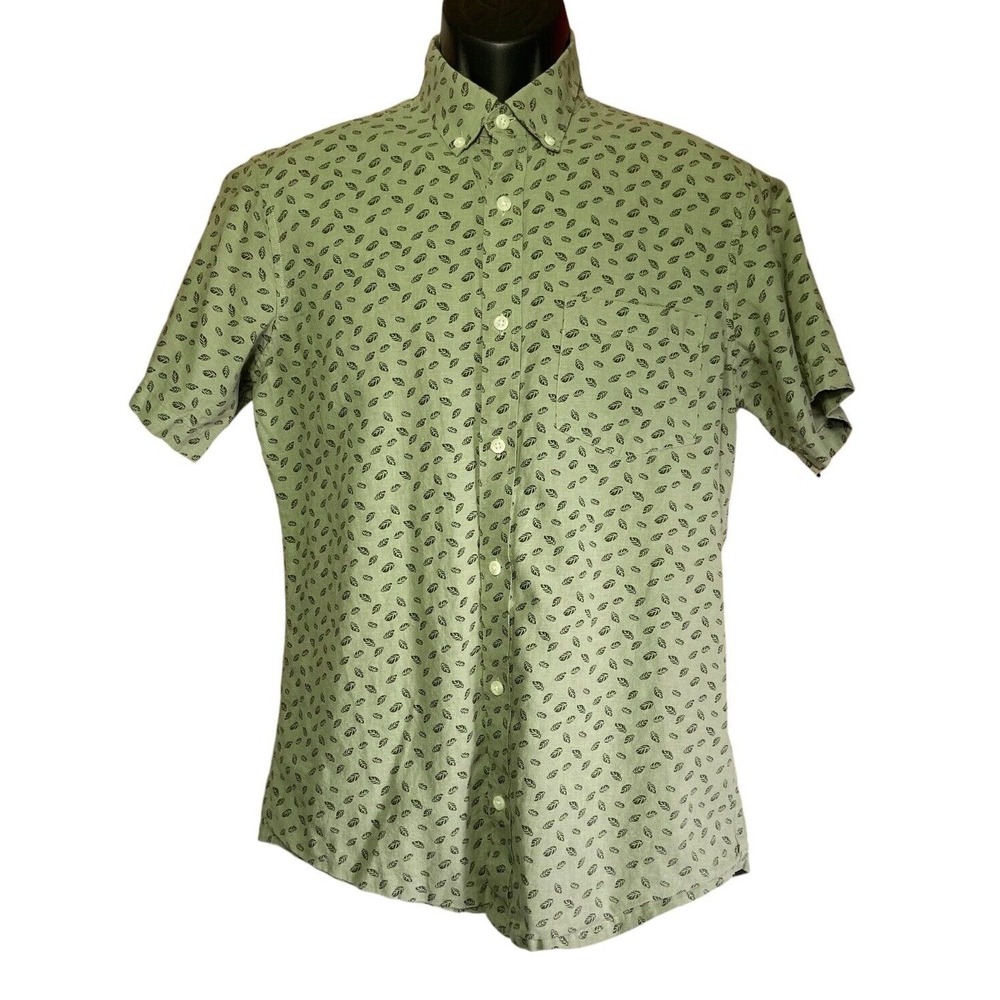 14th & Union Mens Olive Green Floral Short Sleeve Button Down Shirt Size M